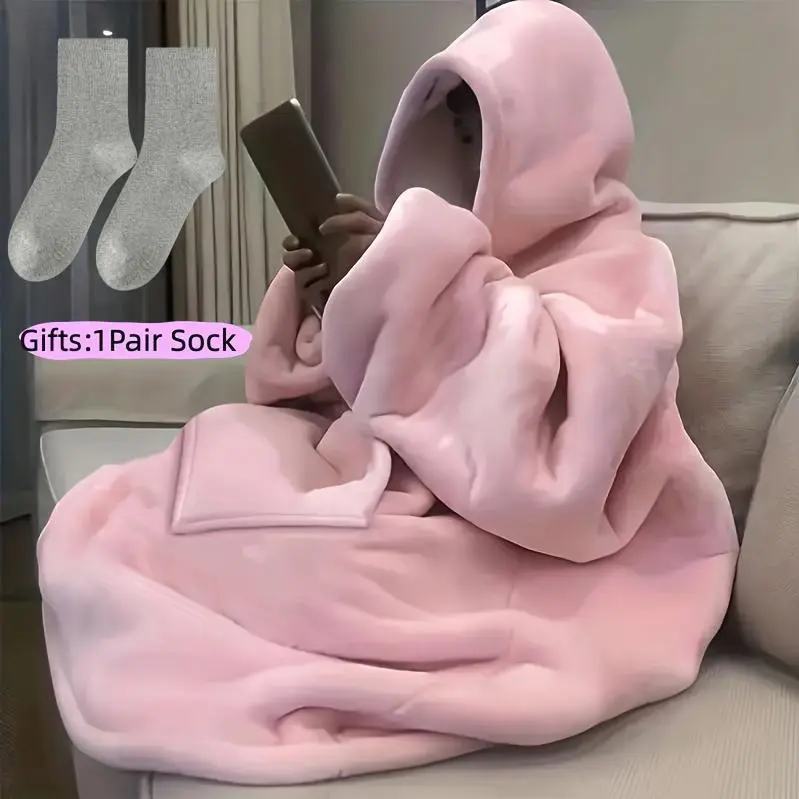 Plus-size Ultra-soft Reversible Wearable Hooded Blanket, Includes a Pair of Winter Socks, Comfortable Oversized Hooded Blanket with Kangaroo Pocket, Bedding, Winter Coat, Machine Washable, Christmas/Valentine's Day/New Year's Gift, Can Be Used as a