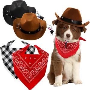 4 Pack Pet Cowboy Costume Accessories Set, 2 Pcs Cowboy Hat and 2 Pcs Bandana Scarf, Puppy Kitten Halloween Christmas Costume, West Cowboy Accessories Party Cosplay Wearing for Cats Small Dogs Cowboy Pirate Witch Pet Costume Set