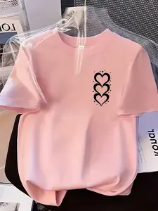 Pink Triple Heart Star Print Womens Crew Neck Short Sleeve T Shirt Top Womenswear Three Colors Available Sweet Girl Style Loose Fit Soft Breathable Casual Versatile For Daily Commute Travel Essential