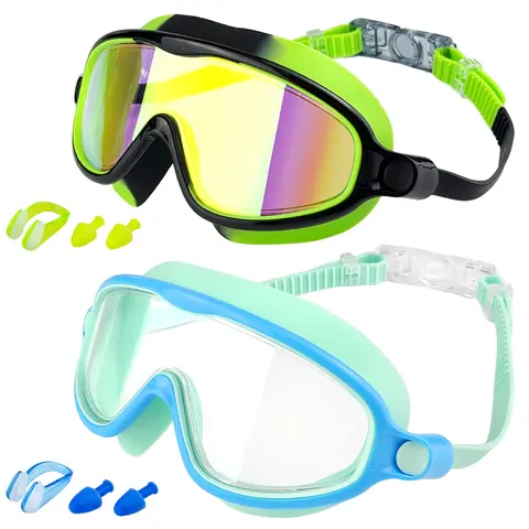 Rantizon Silicone Waterproof Swimming Goggles 2-Pack (Ages 3-15) for Kids - Wide View Anti-Fog Lenses, Silicone Cushion, UV Protection, Leakproof Sealed Fit, Kid-Easy On/Off, Earplugs, Nose Clips, Swimming Accessories (Ideal for Birthdays)