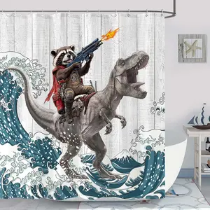 Funny Raccoon Dinosaur Shower Curtain Cat Lion Donkey Fun Cool Animal Japanese Ocean Wave Shower Curtains for Bathroom Kids Unique Waterproof Fabric Rustic Wooden Farmhouse Bath Curtain Decor 71 X 71 Inches