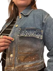 Gold painted Rhinestone Bedazzled Jean Jacket size small