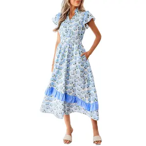 Hydrangea Floral Print Ruffle Trim Flutter Sleeve Long Dress