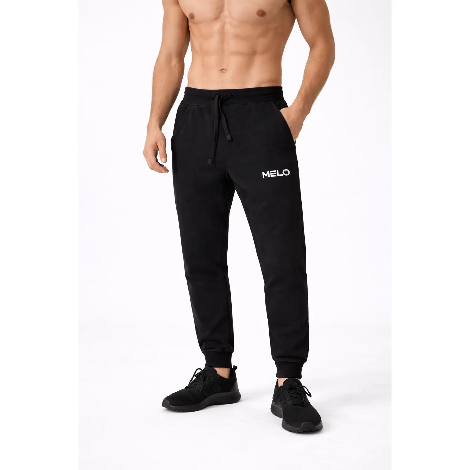 Men's Sporty Cotton Joggers - 3D Brushed Chrome Logo, Cold, Comfortable Soft, Black-Brushed Chrome Colors, for Sports & Outdoor Activities, Cold Black Men's Sports Joggers, Comfortable Soft Men's Sports Joggers