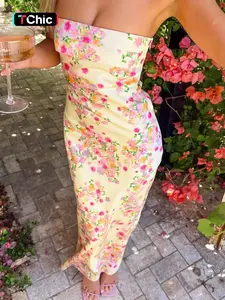 Women's Floral Print Tube Dress, Elegant Strapless Formal Sleeveless Long Dress for Party Holiday Wedding Guest, Ladies Summer Clothes