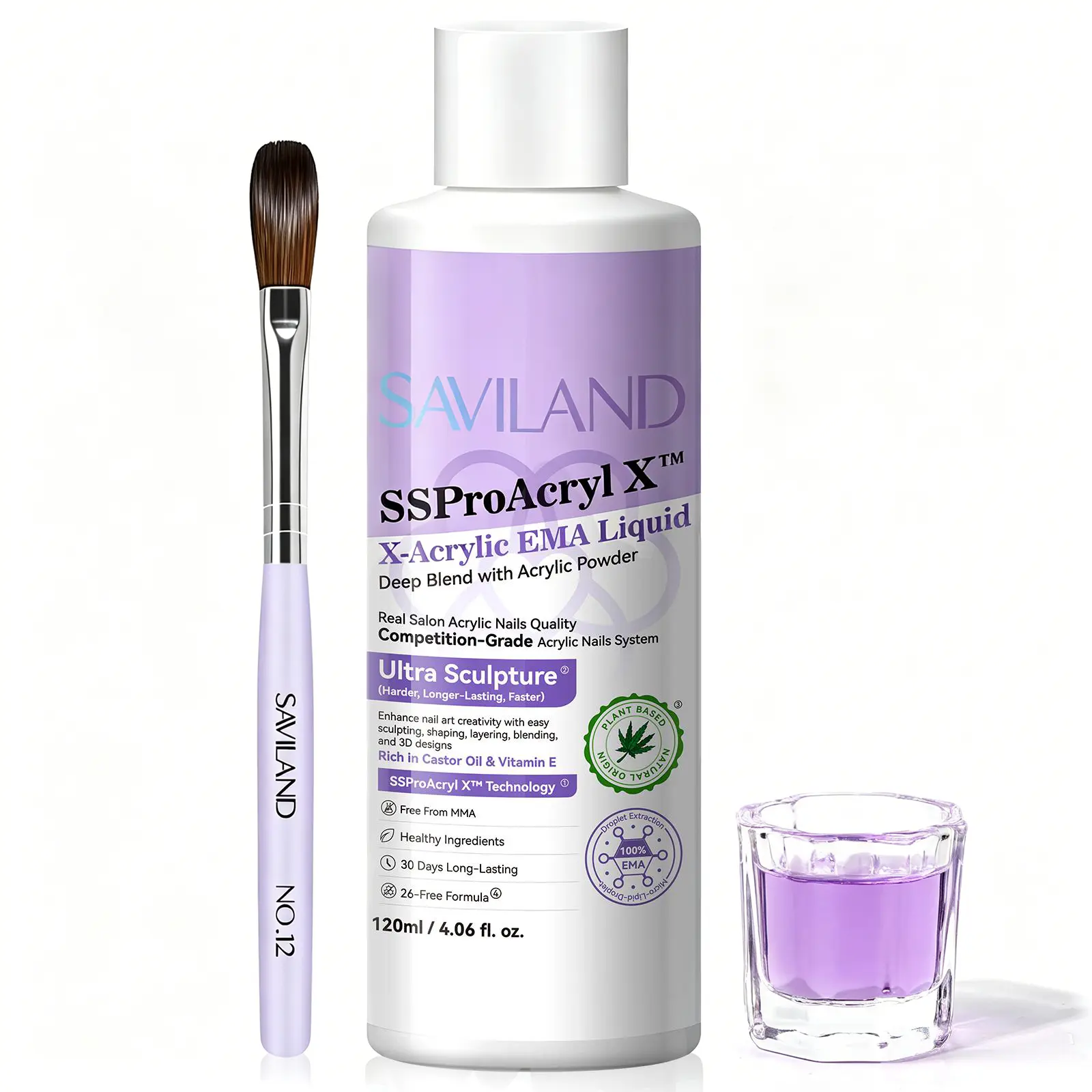 SAVILAND Acrylic Monomer Liquid: 4 oz Nail Liquid for Acrylic Nail Extensions with Size 12 Nail Brush and Dappen Dish, Ideal for Beginners, Home DIY, and Professional Salon Use