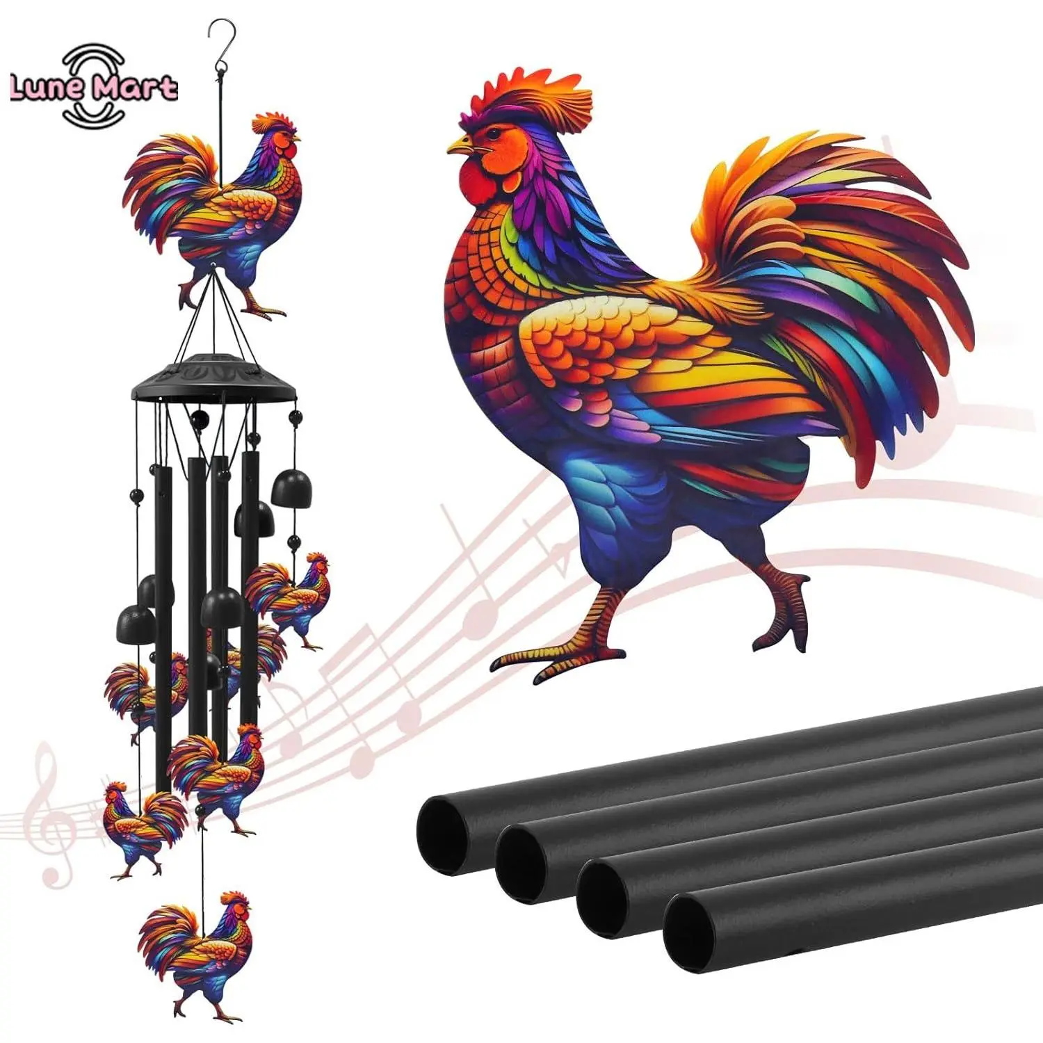 Black Metal Chicken Wind Chimes for Outdoor Garden Decor, Thoughtful Gifts for Women, Durable E-Commerce Fashion Accessory Keychain Option for Special Occasions