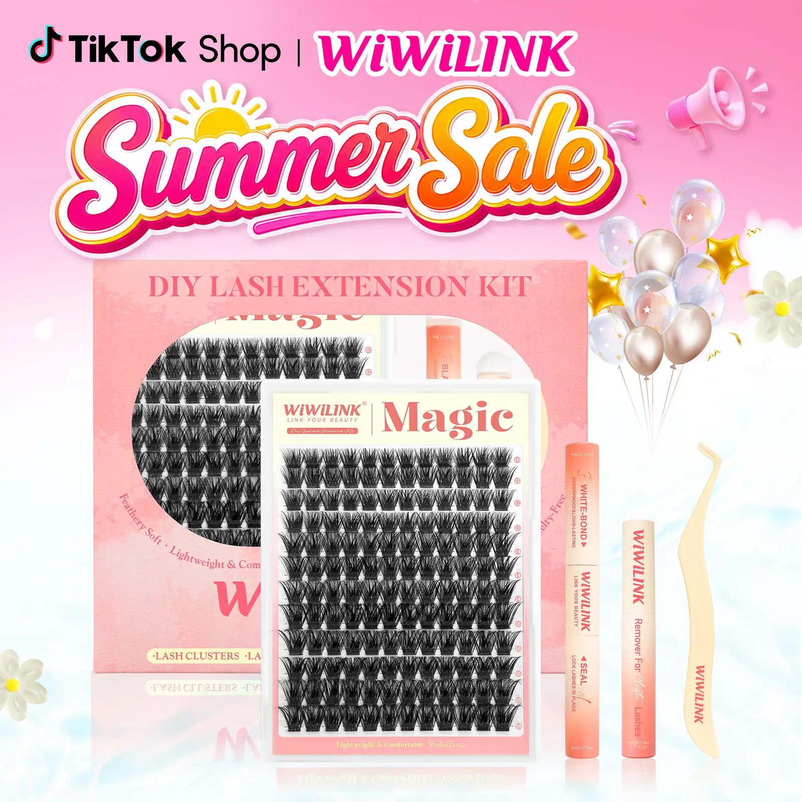 WiWiLINK Magic 3D  Universal Lash Kit – Cluster Lashes in C/D Curl, DIY Lash Extension Set with Clusters (10-18mm, Includes Bond, Seal, and Remover) – Ultra-Thin Transparent Bands