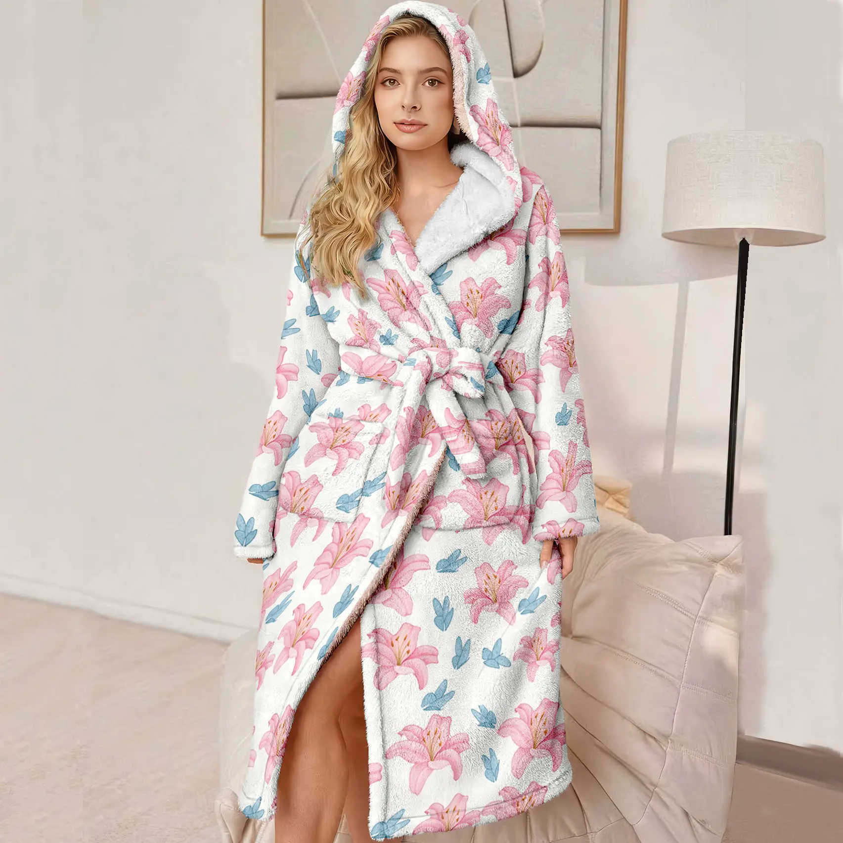 Plus Size Women's Hooded Luxury Bathrobe, Ultra Comfortable Fleece Robe with Belt and Pockets, Floral Pattern, Winter Gift for Mom and Wife