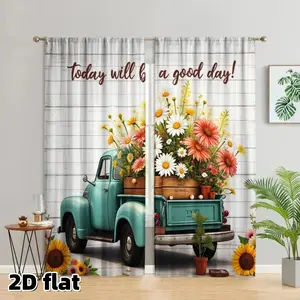 2D Flat 2Pcs Vintage Flower Truck Curtains Farmhouse Daisy Sunflower Design Rod Pocket Window Drapes Rustic White Wood Background Positive Quote Home Decor Semi Sheer Polyester Panels for Living Room Bedroom Kitchen Dining Treatment