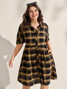 Women's BLOOMCHIC Casual Plaid Print Midi Shirt Dress - Half-Sleeve Fit Brown