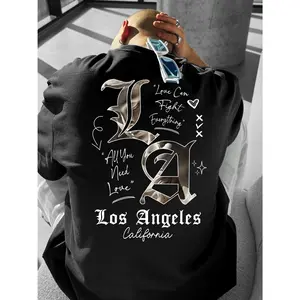 Men's Los Angeles California Graphic T-Shirt - "I Love You" Design with Stars & Hearts, Loose Fit Crew Neck, Summer Streetwear, Polyester, Casual Tshirt|Streetwear Fashion|Stretch Fabric