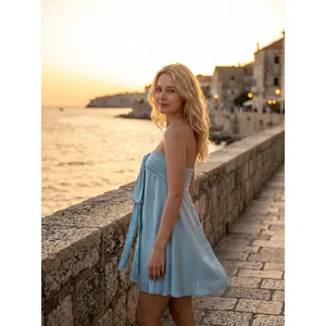 Women's Summer Cotton Boho Beach Sleeveless Tie Front Mini Dress Tube Top Dress 2026 Spring Fashion Hot Girl Street Style Satin Strapless Solid Color Sleeveless Dress