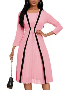 2-in-1 Soft Micro Elastic Polyester Elegant Pendulum Dress, 3/4 Sleeve, Machine Washable, Solid Color, All-Season Wear For Work Office - Versatile And Chic Womens Clothing