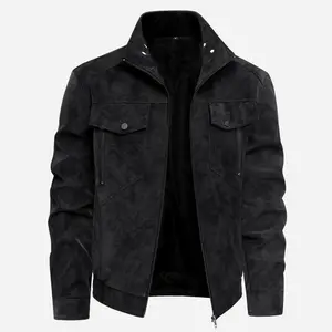 Outdoor Men's Black Distressed Faux Suede Jacket with Snap Button Stand Collar & Utility Pockets Casual Coat
