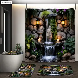 1/3/4PCS Rustic Outdoor Waterfall with Lanterns and Plants Shower Curtain Set with Rugs, Non Slip Bath Mat, U-Shape Carpet, Toilet Lid Cover, Polyester Fabric Bathtub Curtain Accessories, 12 Hooks, Home Bathroom Festival Decor, Shower Curtain Rod