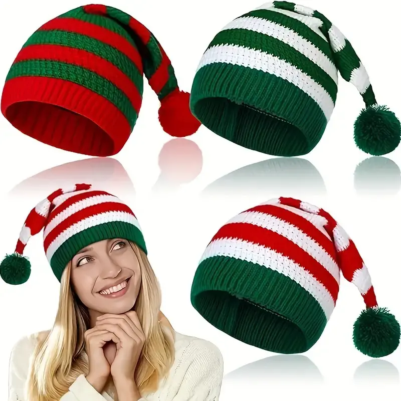 Striped Santa Hat with Long Pom-Pom Tail, Lightweight Red & Green Beanie for Adults & Teens, Comfortable Festive Headwear for Holiday Parties