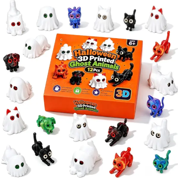 12Pcs Halloween 3D Printed Animal Ghost Figurines, Mini 3D Printed Animals with Ghost Shape Shells Articulated Fidget Toys for Halloween Party Favors Trick or Treat Supplies Goodie Bag Fillers