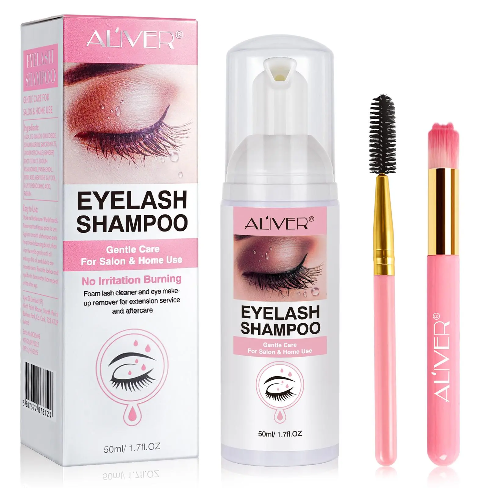 1 Count, 50ml, ALIVER Eyelash Cleanser, Gentle Foaming Lash Cleanser, Includes 1 Mascara Spoolie & 1 Soft Cleaning Brush, Deeply Removes Makeup Residue & Oil, Gentle Makeup Remover
