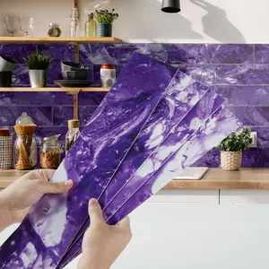 12/24PCS CFT Crystal Irregular Marble Tile Stickers - Deep Purple Amethyst Cluster, PVC & PE Foam, Waterproof Oil-Proof Peel & Stick Wall Floor Decor