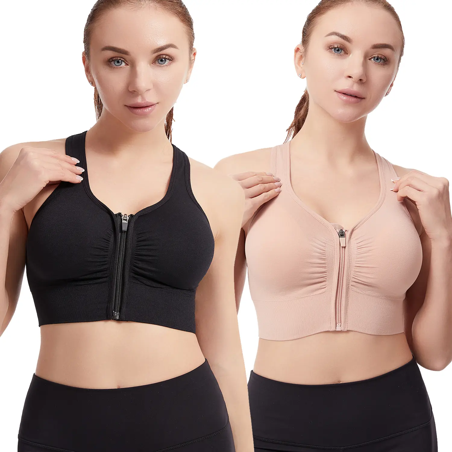 Women's Zip Front Sports Bras Wireless Padded Racerback Medium Support Post-Surgery Bra Yoga Exercise Athletic Bras