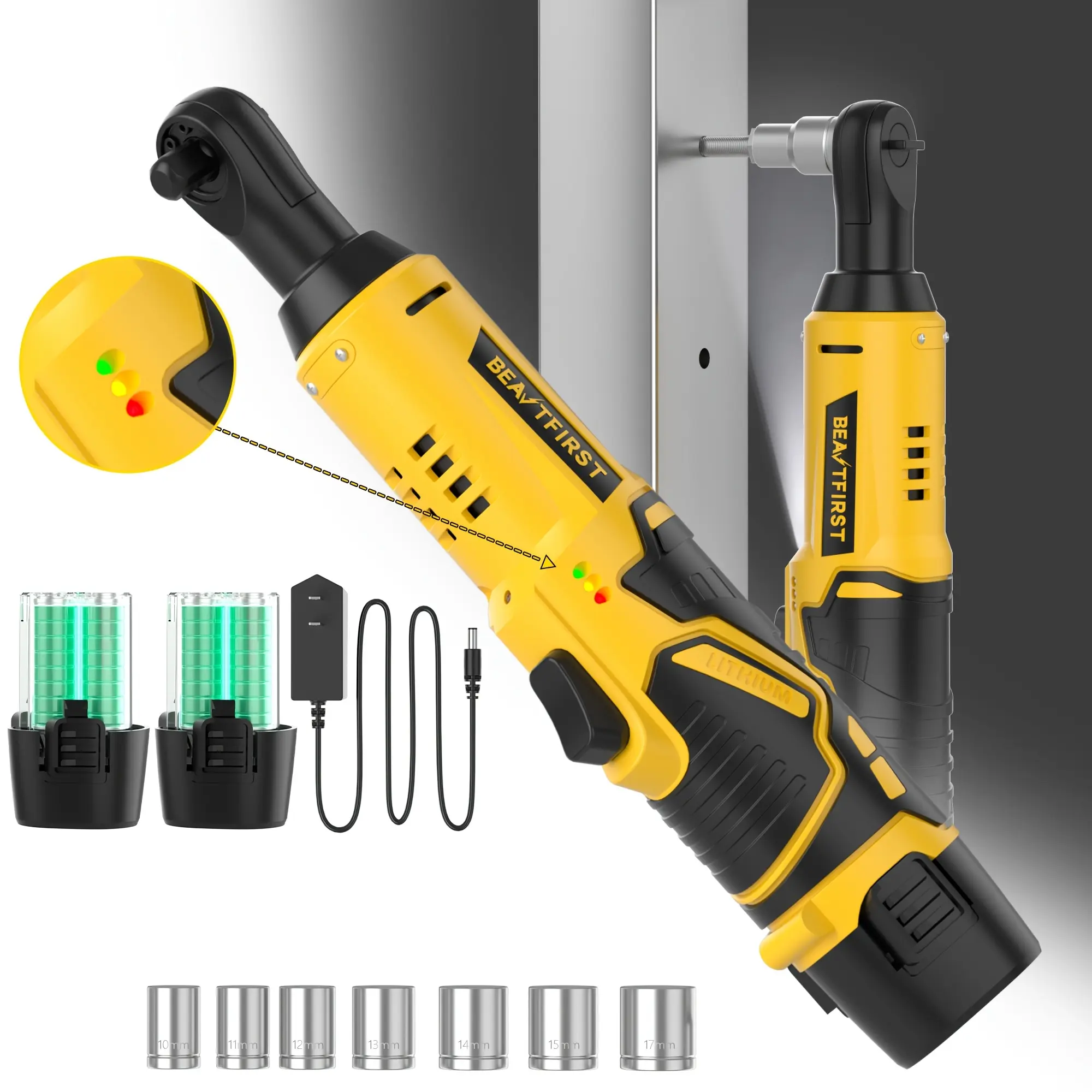 2 batteries，FIREHELP Electric Right Angle Ratchet Wrench, Socket Ratchet Wrench, 45 Nm High Torque Tool 3/8-Inch Drive Cordless