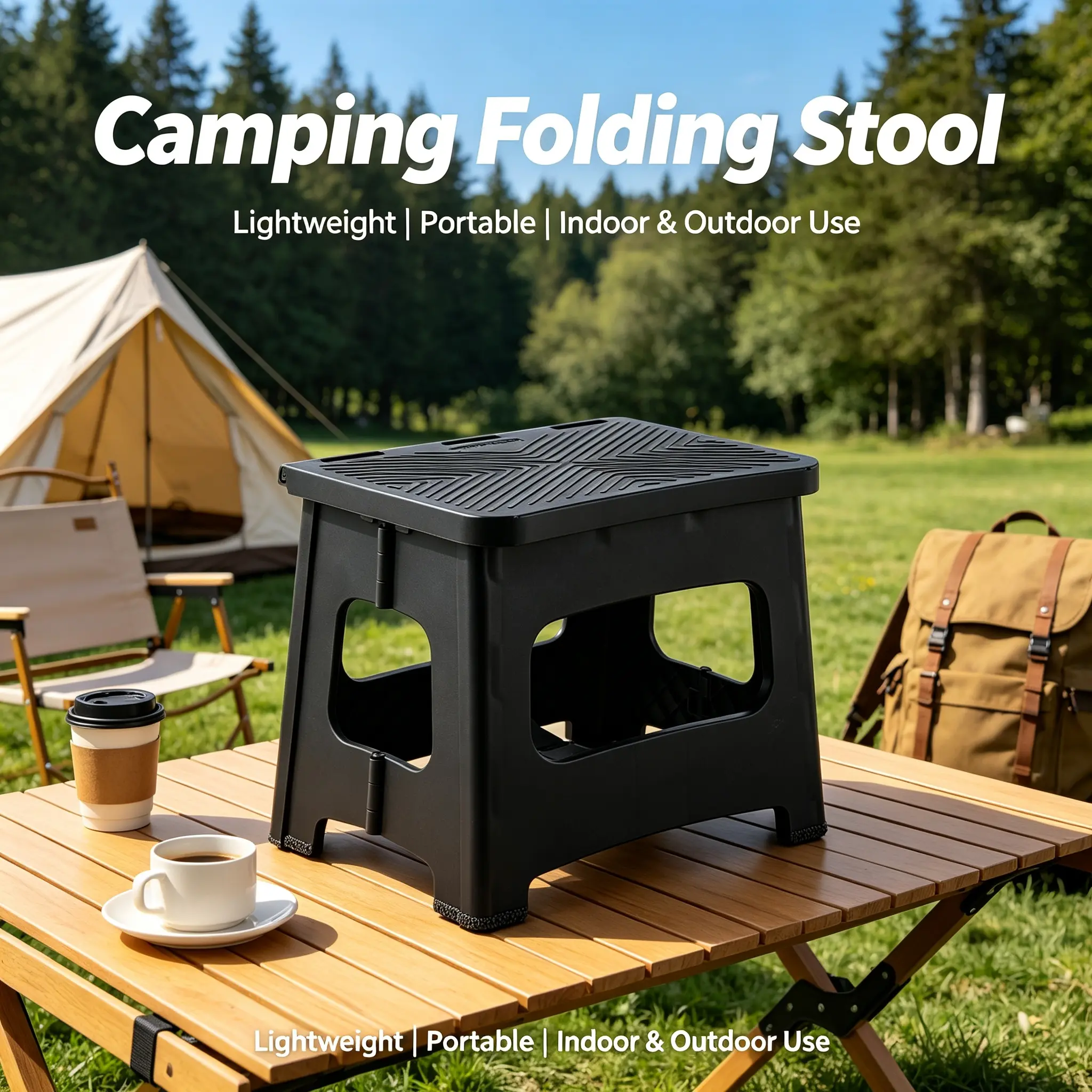 Durable PP Folding Step Stool, Heavy Duty Portable Seat with Secure Nonslip Top for Indoor & Outdoor Use - 300lb Capacity, Foldable, Rv Use, Space-Saving, Pp Plastic