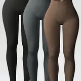 Women's Plain Ribbed High Waist Butt Lifting Medium Elasticity Sporty Leggings, Ideal for Gym Workout, All Seasons Activewear, Athleisure Fitness Leggings, Activewear Sports Leggings