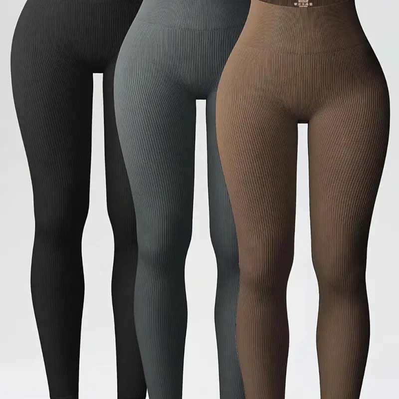 Women's Plain Ribbed High Waist Butt Lifting Medium Elasticity Sporty Leggings, Ideal for Gym Workout, All Seasons Activewear, Athleisure Fitness Leggings, Activewear Sports Leggings