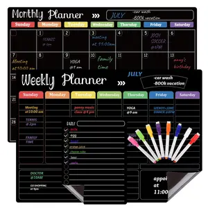 1-Set, Black Dry Erase Planner Boards, Magnetic Calendar with 8 Markers, Daily Weekly Monthly Organizer, for Refrigerator Home Office