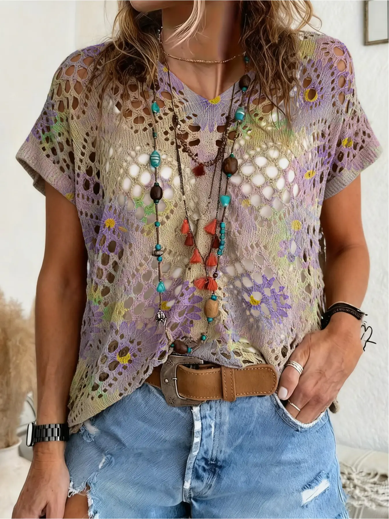 Spring and summer style, V-neck diamond hollow loose batwing short sleeve cover-up, contrast color floral print women's knitted top, vacation style, for commuting, women's vest cover-up, bikini cover-up, Beach Cover Ups