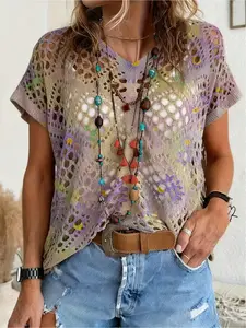 Spring and summer style, V-neck diamond hollow loose batwing short sleeve cover-up, contrast color floral print women's knitted top, vacation style, for commuting, women's vest cover-up, bikini cover-up, Beach Cover Ups