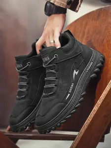 Men's Khaki-Black Color-Block Platform High-Top Closed Work Shoes: Leather Waterproof + Height-Increasing Anti-Slip, Outdoor Hiking Casual Shoes, Nonslip Work Shoes