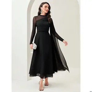 Evening With Dress Ruched Contrast tiktok Modely Mesh Sleeves Long Dresses