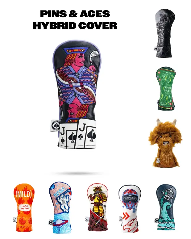 Pins & Aces Hybrid Golf Club Headcover - Fun Looks, Premium Synthetic Leather, Fade-Resistant, Durable, Soft Protective Interior, Standard Fit Golf Accessories for Hybrid Clubs