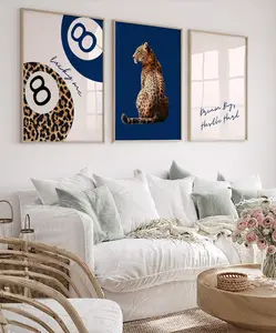Navy Blue Set of 3 Leopard Wall Art Cheetah Animal Poster Print 8 Ball Lucky Me Trendy Wall Gallery Preppy Cheetah Print Posters