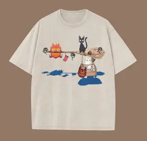 Studio Ghibli Crossover Calcifer and Jiji T-Shirt, Vintage Howl's Moving Castle & Kiki's Delivery Service Aesthetic Graphic Tee, Studio Ghibli Shirt, Anime Shirt, Vintage Manga Unisex Cotton Crewneck T-Shirt Menswear Womenswear Streetwear Top