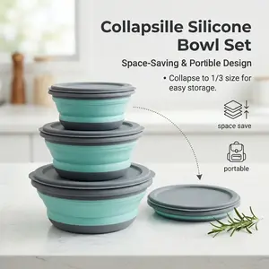 3-Piece Collapsible Silicone Bowl Set with Leak-Proof Lids, BPA-Free Stackable Food Storage Containers, Space-Saving Design, Great for Meal Preparation, Camping, Travel, Picnic and Daily Kitchen Storage