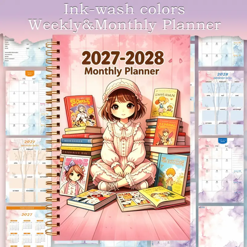 2027-2028 Planner/Calendar - January 2027 - December 2028, 2-month planner, book lover girl theme cover design diary, annual calendar plan, monthly labels, 24-month calendar, 5.5 inches X 8.3 inches, 31 sheets/62 pages thick paper
