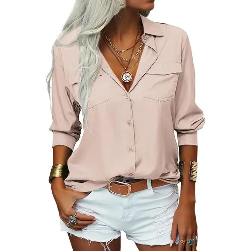 Imily Bela Women‘s Solid Lapel Long Sleeves Button Down Shirt Top Casual Basic Office Blouse