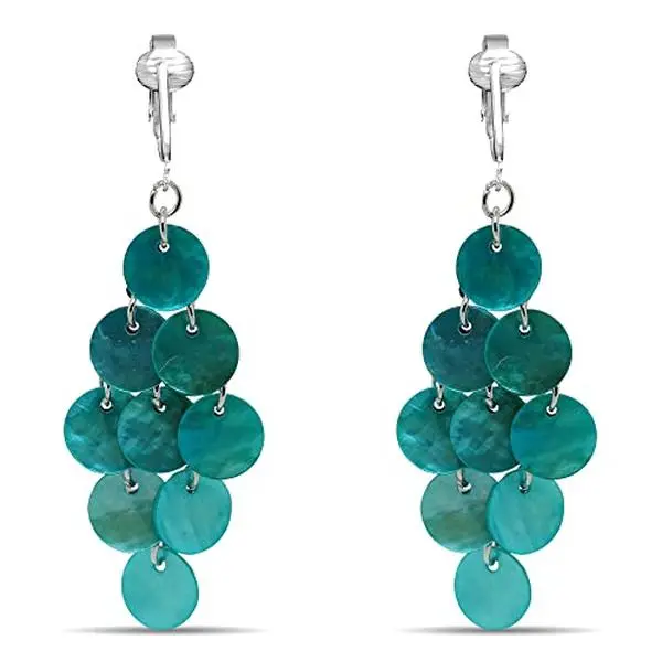 Mother of Pearl Round Layered Clip On Dangling Earrings