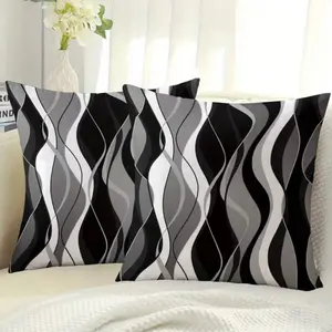 2pcs Black And White, Abstract Wave Design, Abstract Wave Pattern Throw Pillow Covers, Soft Plush Single-Sided Print, Zipper Closure, Machine Washable - Perfect For Living Room And Bedroom Decor, Pillow Inserts Not Included, Fall Decor,Autu