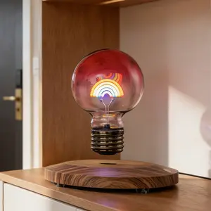 Magnetic Levitation Floating Rainbow Filament Bulb Lamp 360° Rotating LED Glass Night Light with Walnut Base Aesthetic Bedside Table Lamp Futuristic Home Decor Romantic Valentine’s Day Gift