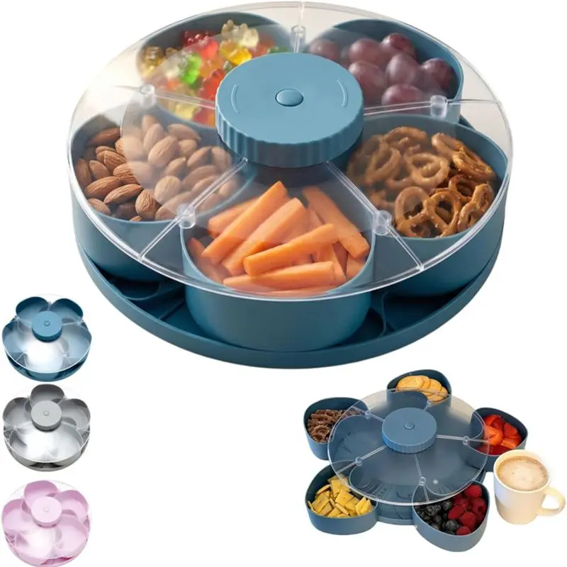 Divided Serving Tray That Spins - Perfect for Snacks, Dips & Party Appetizers, Rotating Snack Box Container with Lid, Veggie Fruit Tray for Kitchen,Travel and Picnic, Food Storage, Containers with Lids, Snack Containers