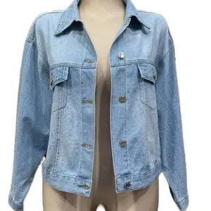 Women's Chic Collared Rhinestone Denim Jacket, Light Blue Long Sleeve Top for Everyday Wear - Casual Womenswear Accessory