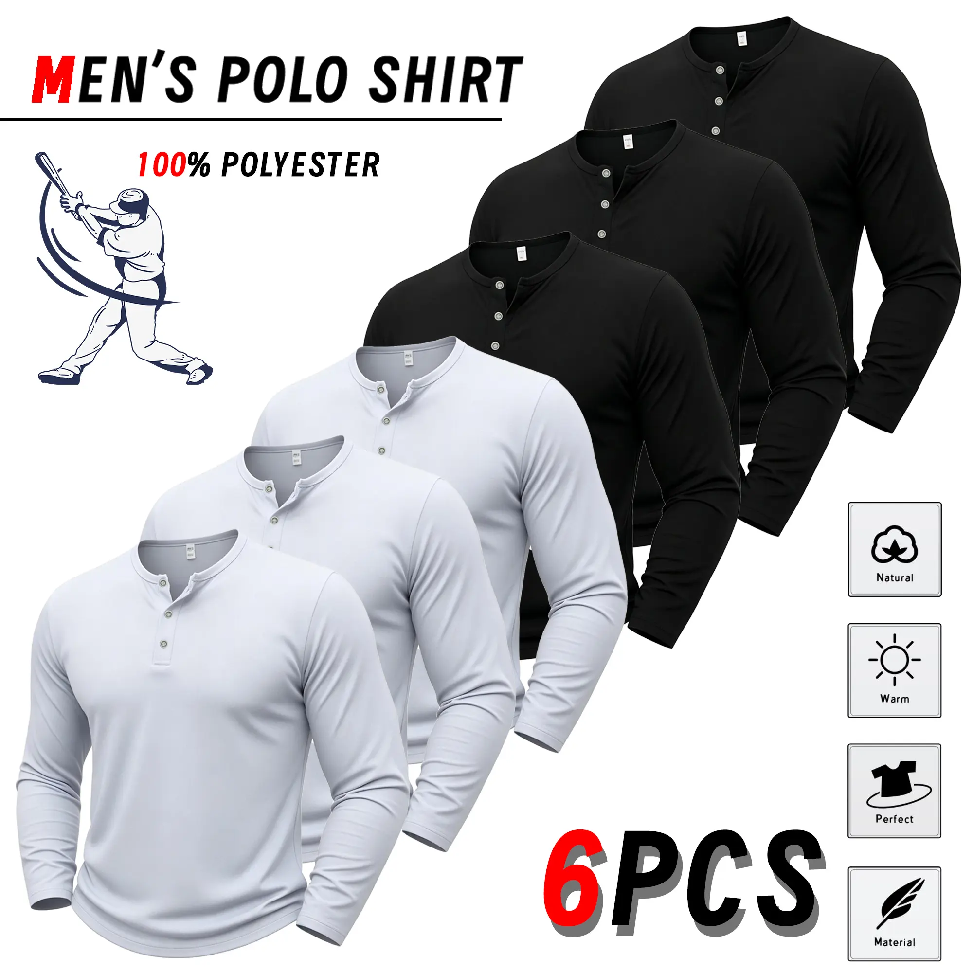 6-pack men’s long-sleeve Henley shirts, sporty casual style, skin-friendly and comfortable, suitable for everyday wear, parties, dates, vacations; autumn men’s casual tops, can serve as holiday gifts.