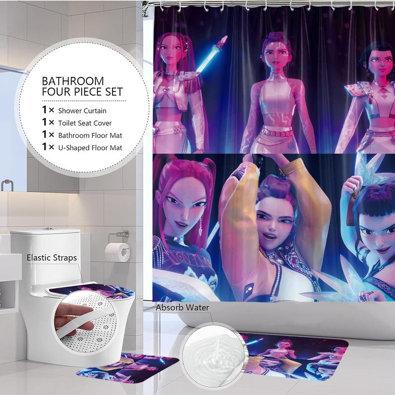 K-Pop Demon Hunters Bathroom Set, Shower Curtain with Hooks, Non-Slip Bath Rug, U-Shaped Toilet Mat, Toilet Lid Cover, Bathroom Decoration Accessories