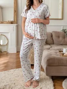 Women's Colorblock Floral Print Pajama Two-piece Set, Casual Comfy Short Sleeve Open Front Top & Pants PJ Set, Maternity Sleepwear for Summer, Loungewear