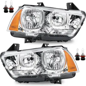 Headlight Assembly w/Bulbs Compatible with 2011-2014 Dodge Charger OE Halogen Headlamp Chrome Housing Amber Reflector Replacement Driver and Passenger Side