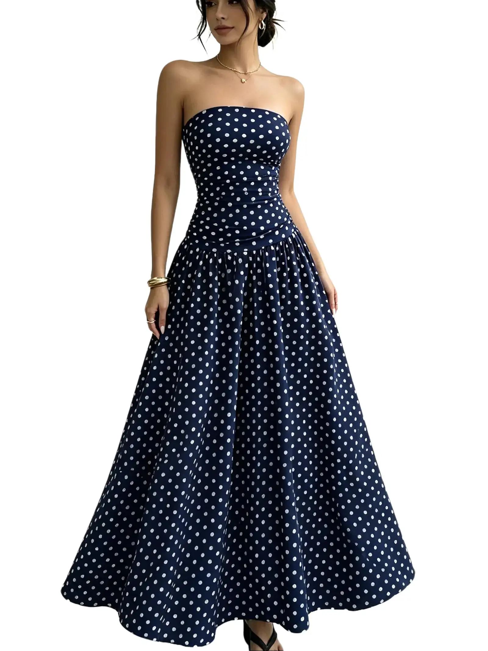 Women's Vintage Retro Slim Ruched Elastic Strapless Polka Dot Floral Gradient Lace Sheath Dress - Pleated, Split, Solid, Formal Evening/Party Wear